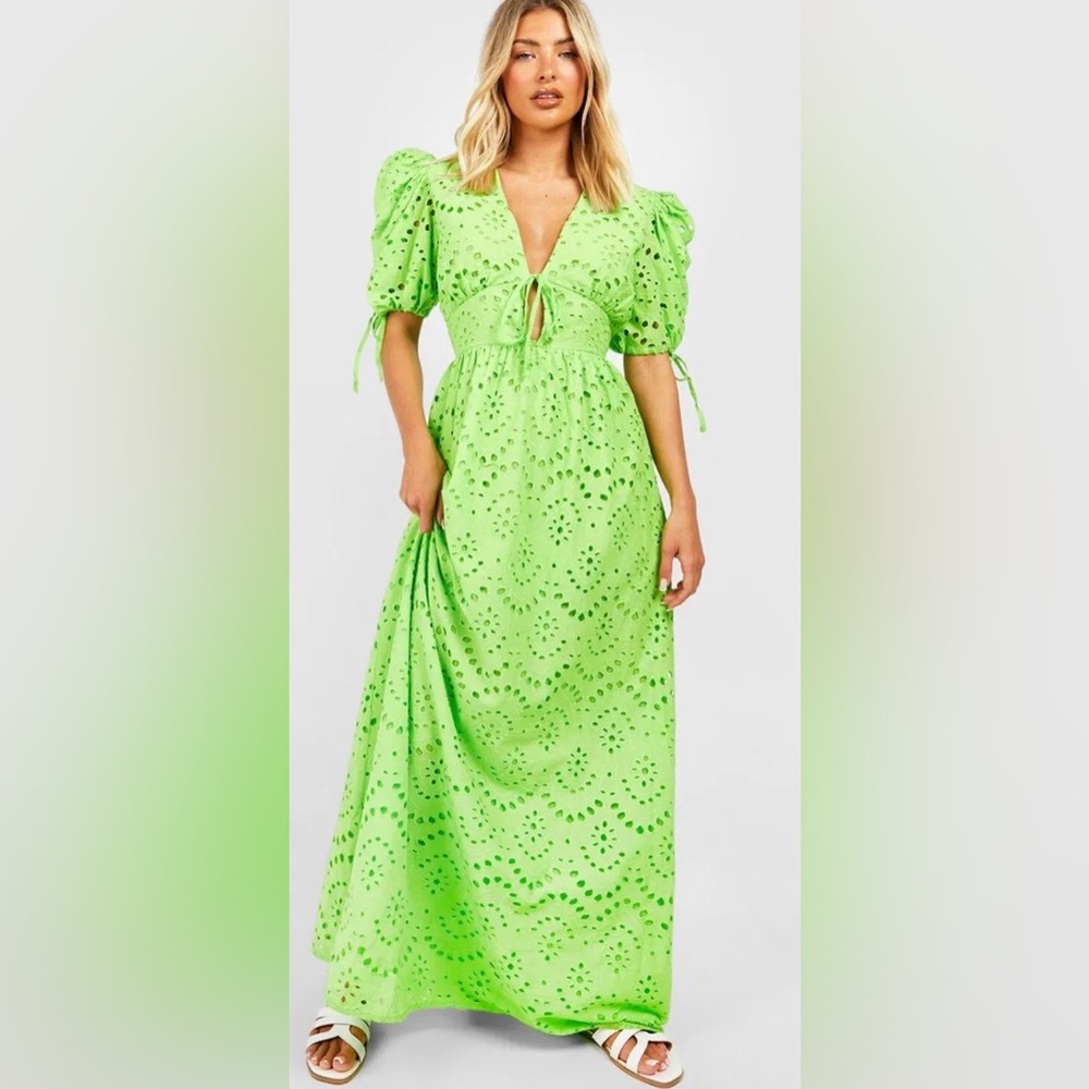 Boohoo Green Puff Sleeve Maxi Dress